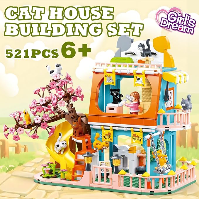 Cat House Building Set Animal Playground Crossing Toy with 8 Cats and a Doll Minifigures Compatible with Lego Friends Pet Sets Easter Gift Idea for Girls Kids Aged 6-12
