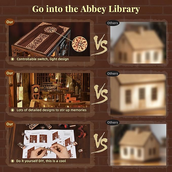 Book Nook Library Kit DIY Miniature Dollhouse Booknook Kit 3D Wooden Puzzle Bookend Bookshelf with LED Light for Adults Teens (Abbey Library)