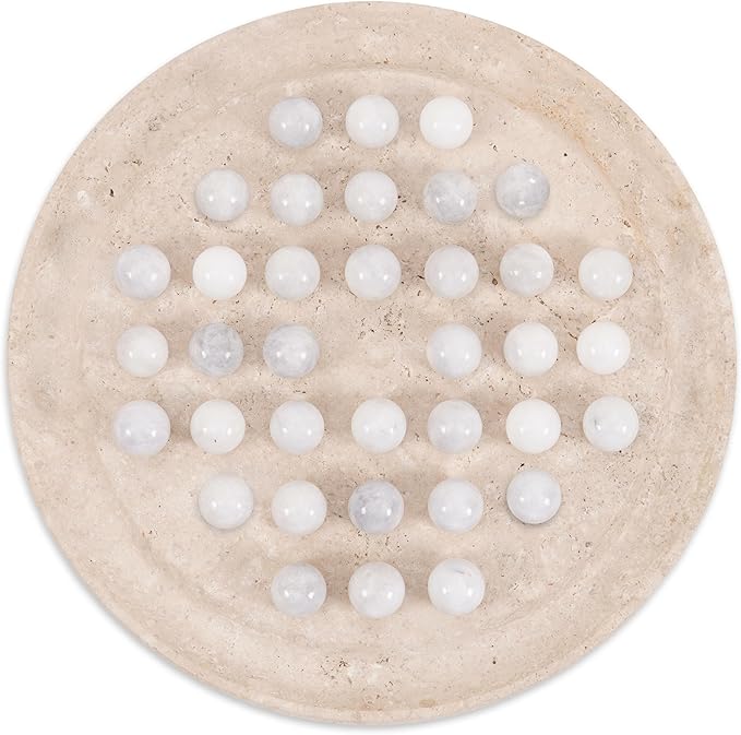 Marble Solitaire Board Game 10 Travertine Mind Game with 42 White Marble Balls Classic Puzzle Game for Family Modern Tabletop Brain Teaser