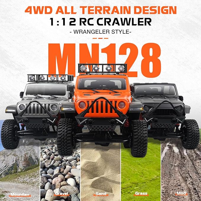 ARRIS 1/12 RC Crawler MN-128 RC Rock Crawler 4x4 4WD RC Jeep Truck 2.4GHz Remote Control Off Road Car with LED Lights for Adults Hobby Grade RTF Toy Vehicle Gifts