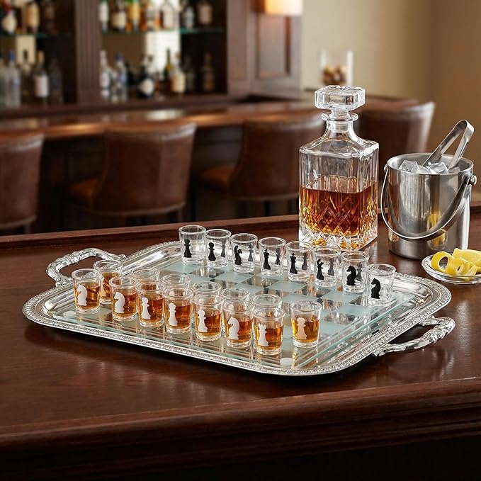 Shot Glass Chess Set 9.45-Inch Chess Board with 32 Mini 1.34-Inch Shot Glass Pieces Adult Drinking Chess Game for Parties Fun Novelty Gift