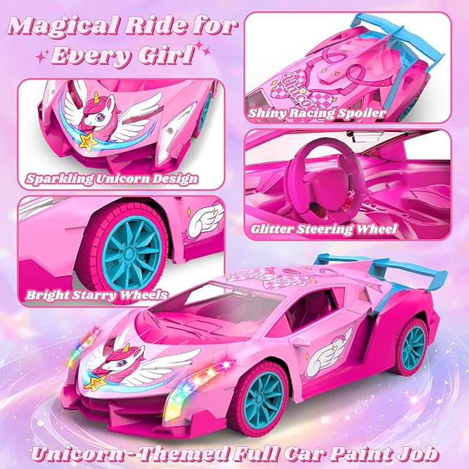Unicorn RC Car for Girls Rainbow Glow &amp Drift Wing Remote Control Car2.4GHz RC Cars 1:18 ScaleKids Toys Age 3 4 5 6 7 8 9 10 11 12Girls Birthday GiftsValentines Day Gifts for Kids 3-12 Year O