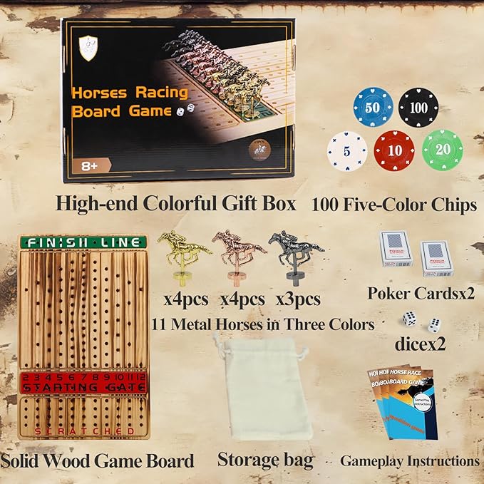 HOROW Horse Racing Board Game Solid Wood Horse Race Card and Dice Board Game Luxury Edition Set with 11 Metal Horses100 Poker Chips2 Dices and 2 Boxes of Cards