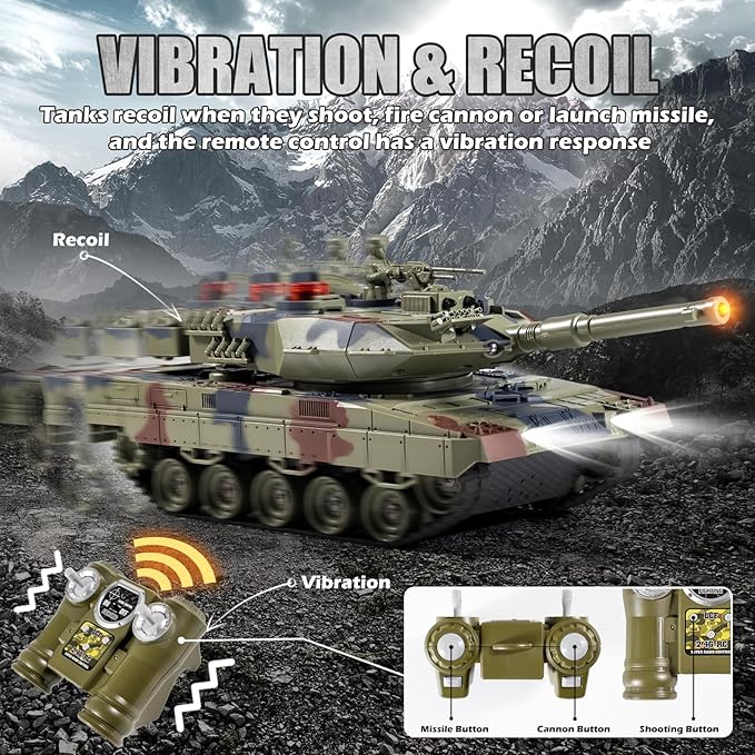 1/24 RC Battle Tank Set Remote Control Russian T90 and German Leopard II Tank Model That Shoots for Kids and Adults 2.4Ghz Army Toy for Boys 6+ Year Old with Smoke Sound Effects and Lights