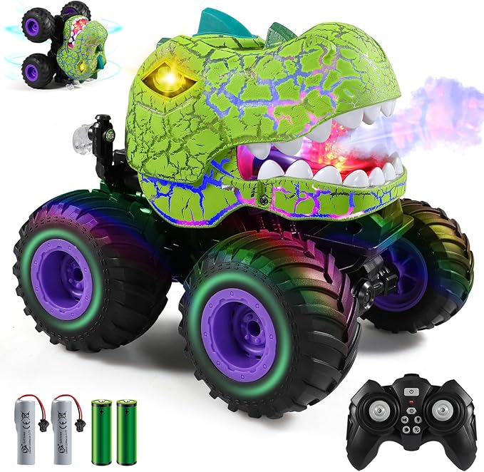 DYODYORC Remote Control Car 2.4Ghz All Terrain Dinosaur Monster Truck Toys RC Truck with Spay Music 3 Lighting Effects Stunt Capable Toy Gifts for Boys and Girls (Green Purple)