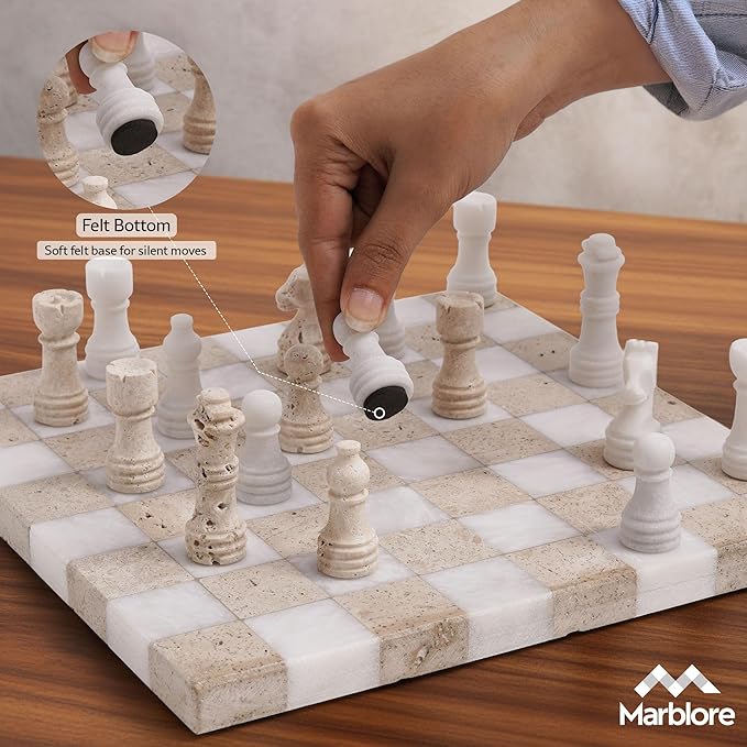Marble Chess Set 10 Inch Handmade White &amp Travertine Chess Board with 32 Pieces &amp 2 Extra Queens Classic 2 Player Chess Game for Adults Elegant Gift for Women's and Perfect for Game Nights
