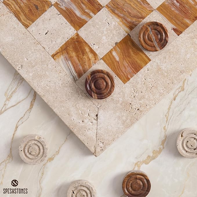 Marble Checkers Set 15 Inch Handmade Travertine &amp Brown Checkers Board Game with Checker Pieces - Board Games for Adults Game Table Accessories Gifts &amp Home Décor