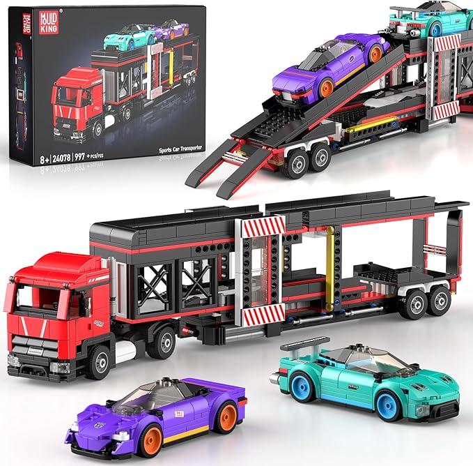 Mould King 24078 Semi Truck Building Toy Set 997 PCS Sports Car Transporter Vehicle Model &amp 2 Race Cars for Aldult/Teens/Enthusiasts Construction Toy Gift for Easter or Birthday