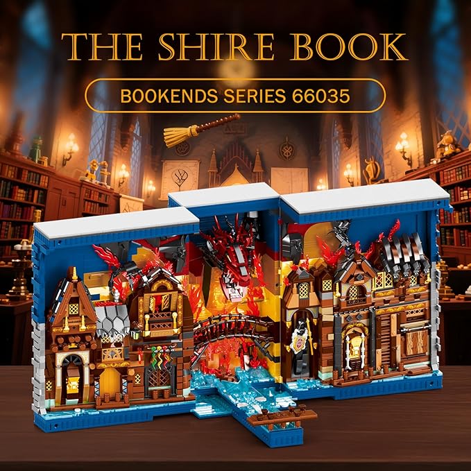 Reobrix Shire Booknook Building Set with Light H.obbit-Themed DIY Bookend Building Block Kit for Adults Medieval Dragon Book Nook 3398PCS Bookshelf Home Decor for Age 14+