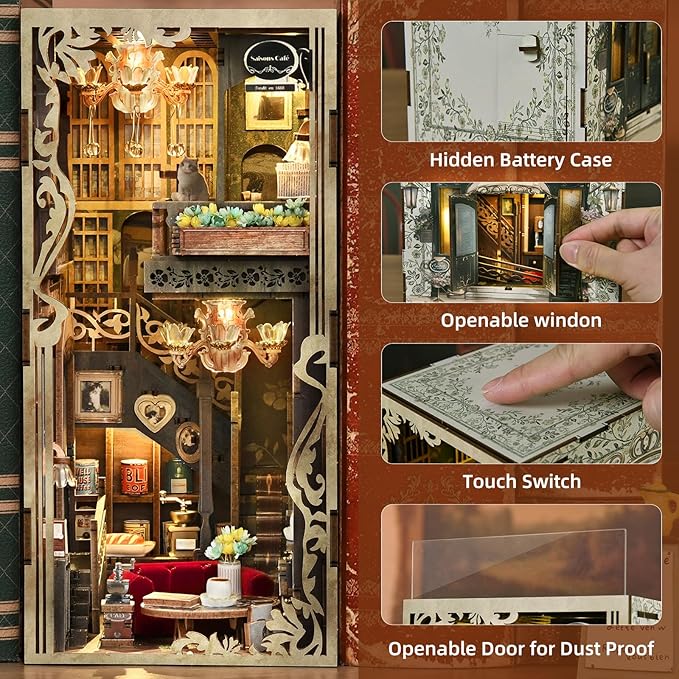 Book Nook Kits for Adults and Teens DIY Miniature Dollhouse Kit 3D Wooden Puzzle Booknook Bookend with LED Light Gifts for Family Friends (Saison Café)