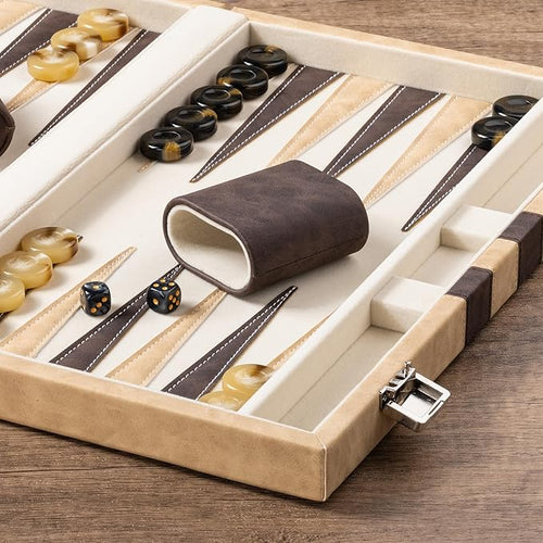 15inch Backgammon Sets for Adults Classic Board Game with Folding Leather Backgammon Case Faux Leather Exterior and Velvet Interior Portable Travel Game Set (Brown)
