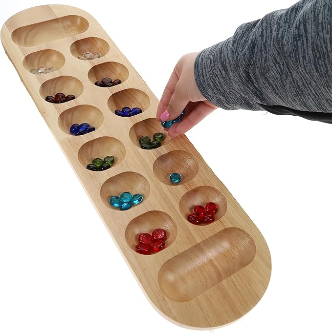 WE Games Classic Mancala Board Game 22 inch Large Natural Wood Board with Assorted Glass Mancala Stones African Stone Game Table Top Décor