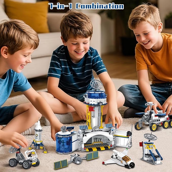 Space Station and Astronaut Research Base Building Set Toy Space Building Kit Creative Role Play for Kids Explore Moon Space Adventure Toy for Kids Boys 8 9 10 11 12 13 14 Total 7 Models