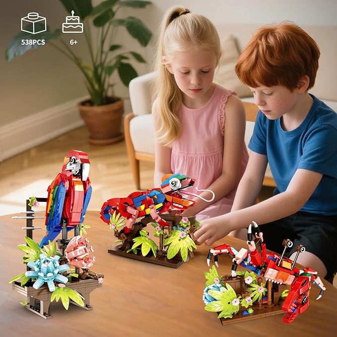 3 in 1 Animals Parrot Chameleon Crab Building Block Set Flowers Botanical Animal Building Toy Compatible with Lego Creative Construction Gift for Adults Kids Boys Girls 6+(538PCS)