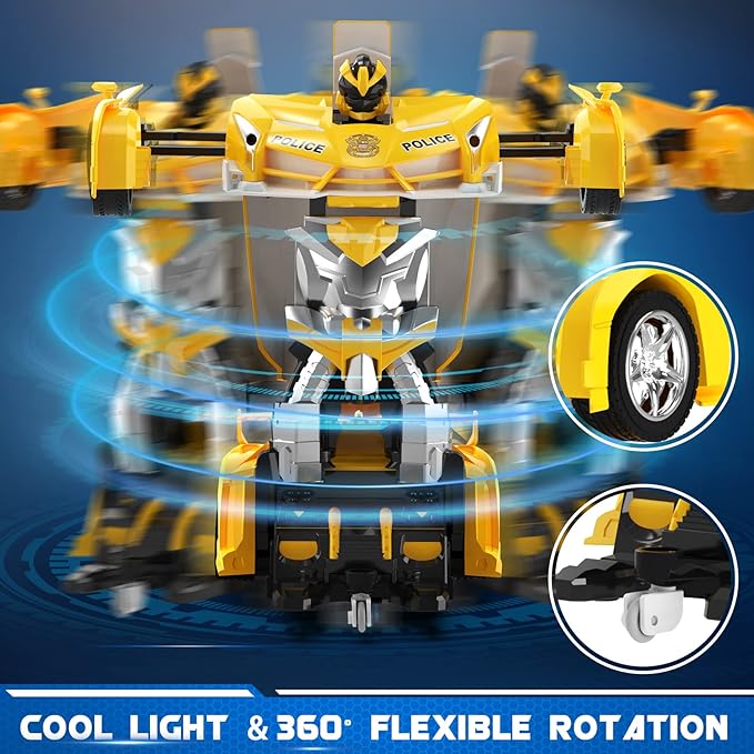 FDJ Remote Control Car - 2 in 1 Transform Car Robot One Button Deformation to Robot with Flashing Lights 1:18 Scale Transforming Car 360 Degree Rotating Drifting Toys for 5+ Year Old Boys