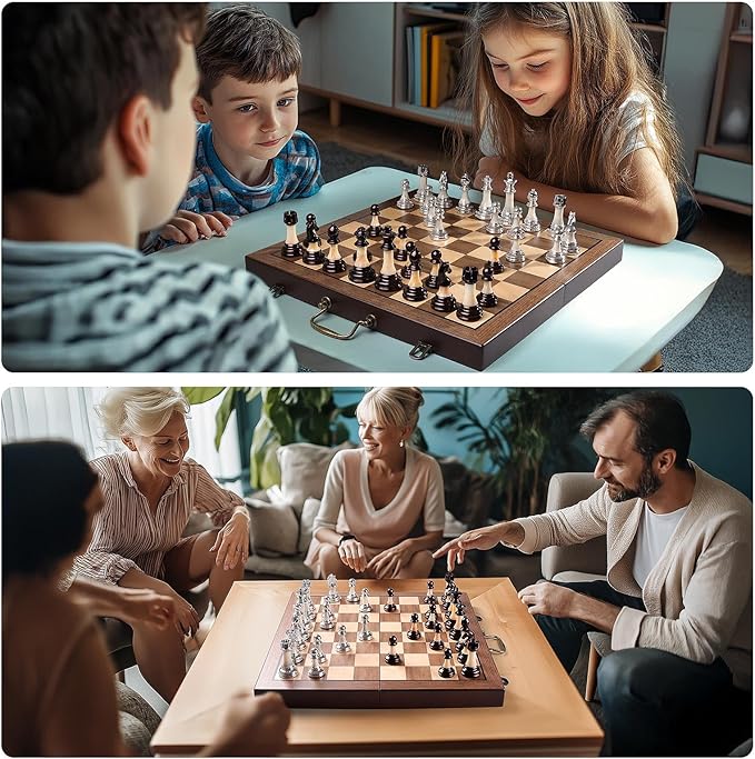 Deluxe Chess Set 16.5'' Wooden Large Folding Chess Board Game with Handle Weighted Acrylic Chess Pieces - 3.5 King with Storage Slots for Beginners Professional Players