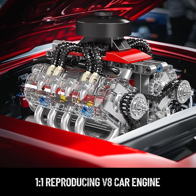 Mould King 10171 V8 Engine Building Blocks Sets V8 Engine Model kit That Run Build Your Own STEM Model Engine 8-Cylinder Car Engine Building Engineering Toys for Age 14+/Adults Collections(487+PCS)