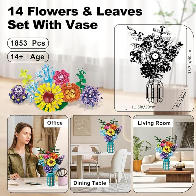 Flowers Bouquet Building Set for Adults Wildflowers Icon Flowers Botanical Collection Kits Compatible with Lego Flowers Valentines Flowers Sets for Women Girls 14+ 11001
