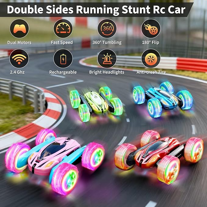 lumiparty 4Pack Remote Control Car Toys for Kids 2.4GHz RC Stunt Cars with Wheel Lights Drift High Speed 4WD Off Road Double Sided 360° Rotating Cars for Boys Girls.