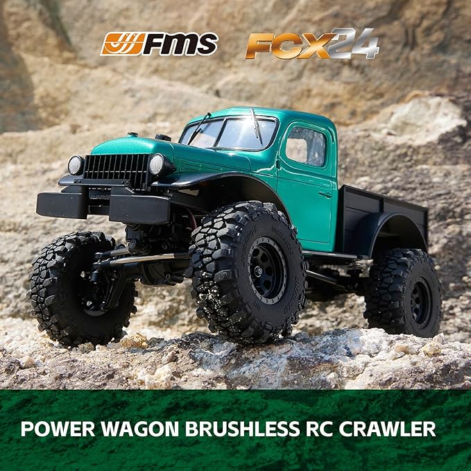 FCX24 FMS 1/24 Power Wagon Brushless RC Crawler Offroad Trucks 4X4 RC Rock Crawler with 2 Speed Switch Portal Axles and LED Lights for Adults (Green)