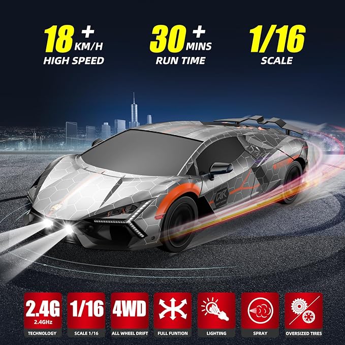 RC Drift Car Remote Control Cars for Boys 2.4GHz Drifting RC Car 1/24 4WD Racing Hobby Sport Cars Toys for Adults with LED Lights Rechargeable Battery and Drifting Tires Gift for Kids Girls