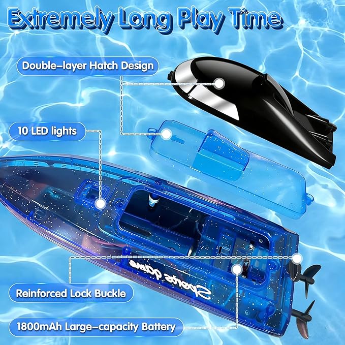 RC Boat with 1800mAh Battery Transparent Remote Control Boat with 10 LED Lights Auto Reverse 2.4 GHz Double Waterproof Racing Speedboat Toy for Kids and Adults Gift for Boys Girls for Lake &amp Po