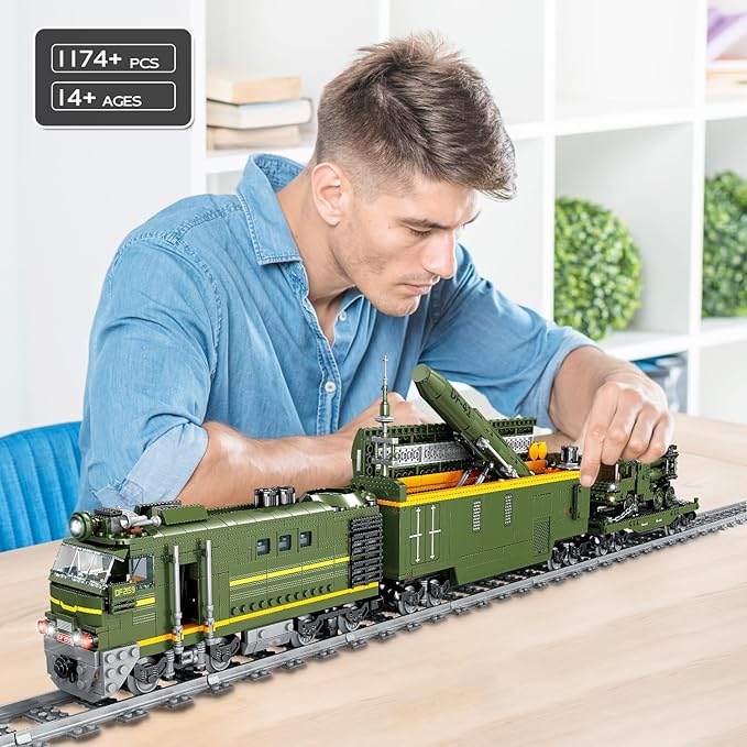 Military Train Building Kit Compatible with Lego Militarys Army Train Building Block with Lights Missiles Trucks and Train Tracks Gift for Military Lovers Teens and Adults (1174 Pieces)
