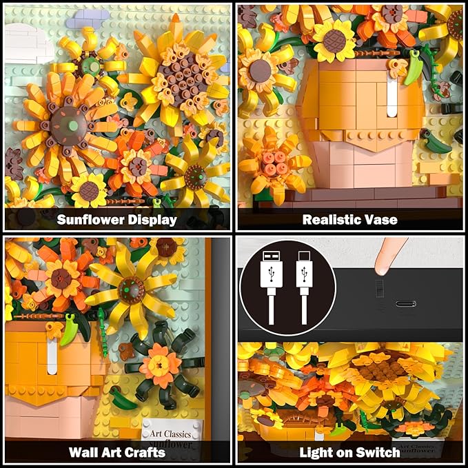 HOGOKIDS Flowers Sunflower Building Set with Lights - 807PCS Painting Frame Artwork Botanical Collection Mini Building Blocks for Home Dcor Wall Art Architecture Set Easter Gift for Adults Teens