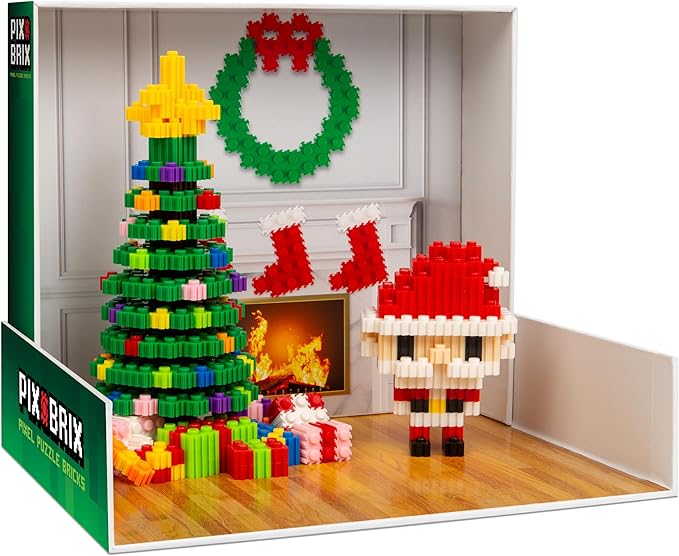 Pix Brix Pixel Art Puzzle Bricks Christmas Scene Puzzle with Display Box Patented Colorful Building Bricks Create 2D and 3D Builds A Fun Festive Pixel Art Set for Kids and Adults