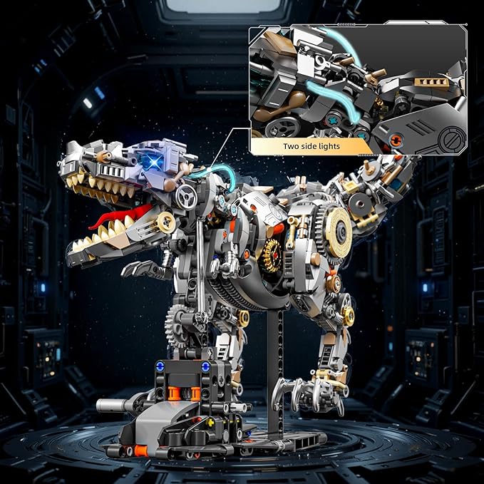 Mechanical T-Rex Dinosaur Building Blocks Set–Collectible Dino Model with Movable Gears LED Lights &amp Motor Complete with Display Stand Ideal Hobby Gift &amp Home Decor for Adults &amp Teens
