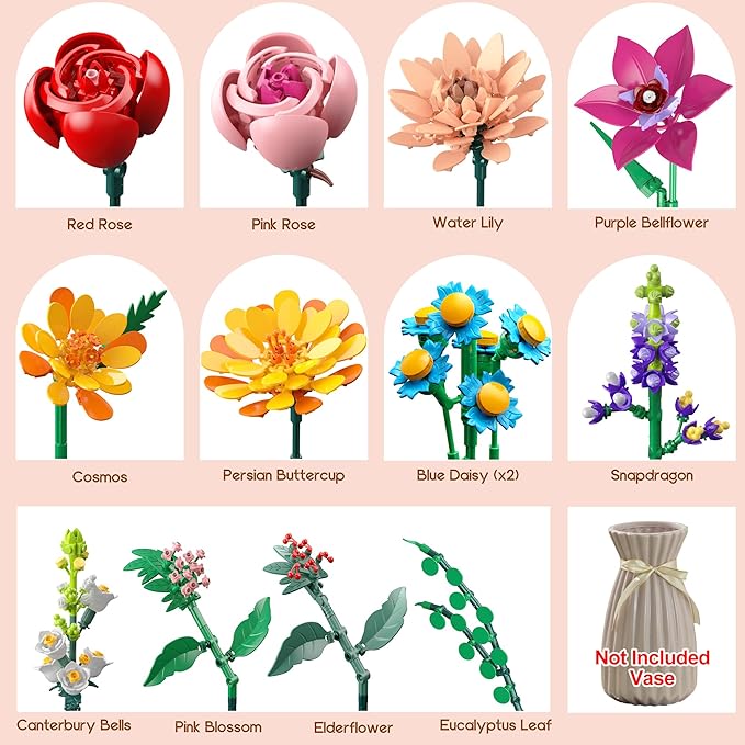 Flowers Bouquet Building Set 887 Pcs with Flower Artificial Roses for Home Office Decoration Gift for Mother's Day Valentine's Day and Kids 6+/Adults Birthday