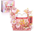 Lucky Cat Building Block Set Compatible with Lego Cat 868Pcs Cute Fortune Cat with Flowers Building Blocks Christmas Birthday Creative Gift for Girls Boys Adult (Pink Cat)