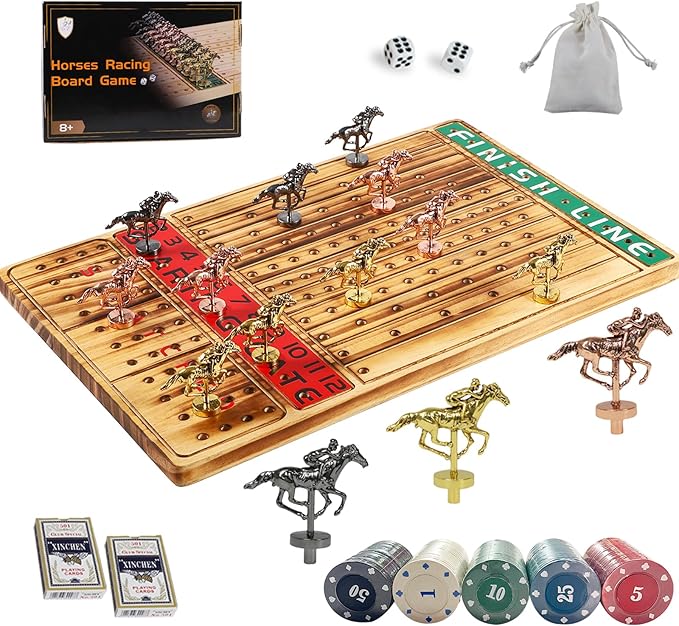 Horse Racing Board Game Thickened Solid Wood Finish Line Horse Race Game with 11 Metal Horses with 2 Sets of Dice2 Boxes of Cards and 100 Poker Chips for Parties and Gambling