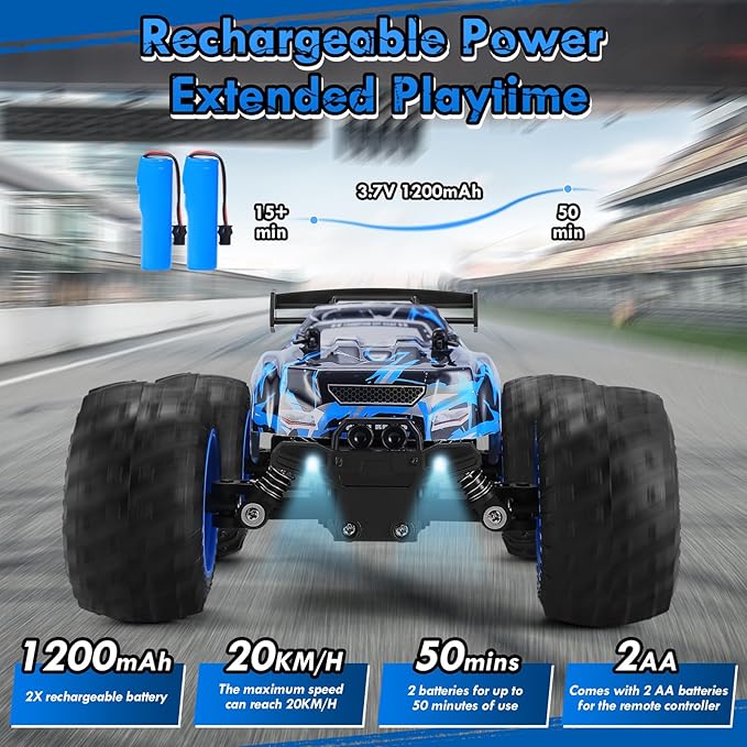 Remote Control Car 1:18 Rc Cars All-Terrain RC Truck with LED Light 20KM/H Rechargeable 2WD 2.4GHz Sturdy PVC Shell Remote Control Truck for Boys 4-7 8-12 Beginner