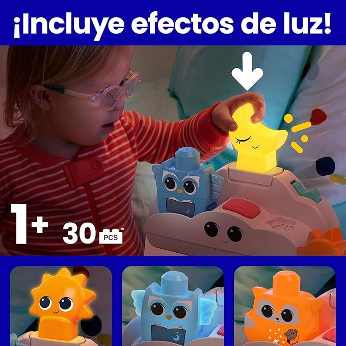 MEGA BLOKS Fisher-Price Toddler Building Blocks Toy Rise &amp Snooze Night Light with 30 Pieces Sound and Light Effects Star Projector Ages 1+ Years