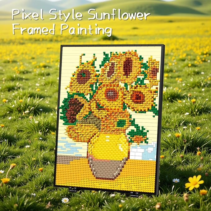 HJPLPXH Pixel Sunflower Painting Frame Art Crafts for Home Office Decor Micro Mini Building Block Art Model Ideals Gifts for Boys Girls Adults (3504PCS)