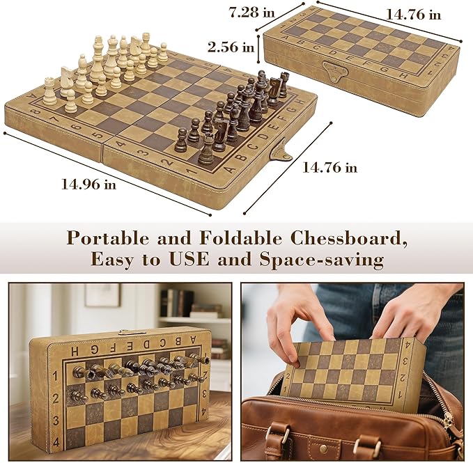 15 Inch Chess Set Magnetic Chess Borad Classic Chess Game Set with Pieces Storage for Family Game Night Ideal Chiristams Gift for Families