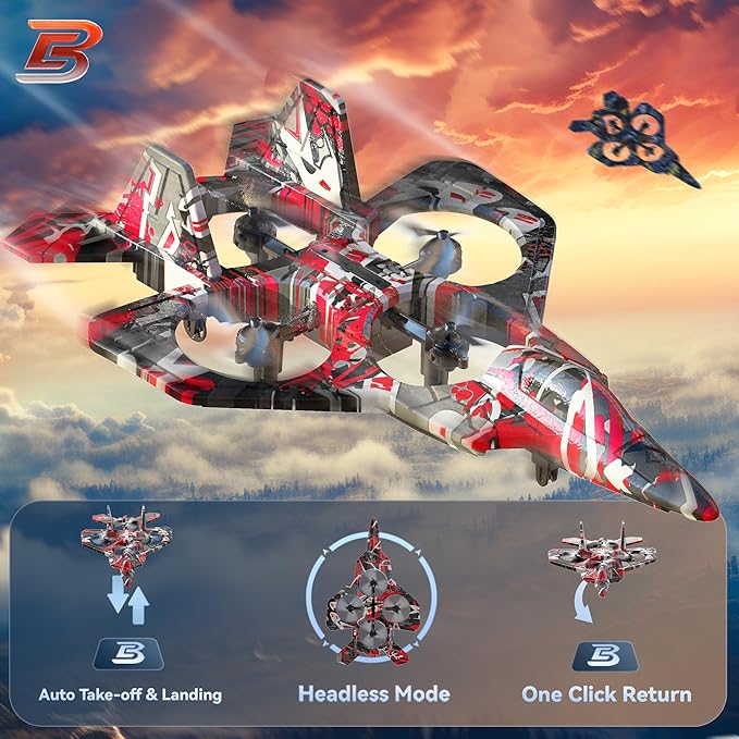 BEZGAR RC Plane Foam Remote Control Airplane Drone for Kids RC Aircraft for Boys and Girls Fighter Jet Helicopter with LED Lights Altitude Hold 360° Flip Stunt Rotation Toy Airplane Red