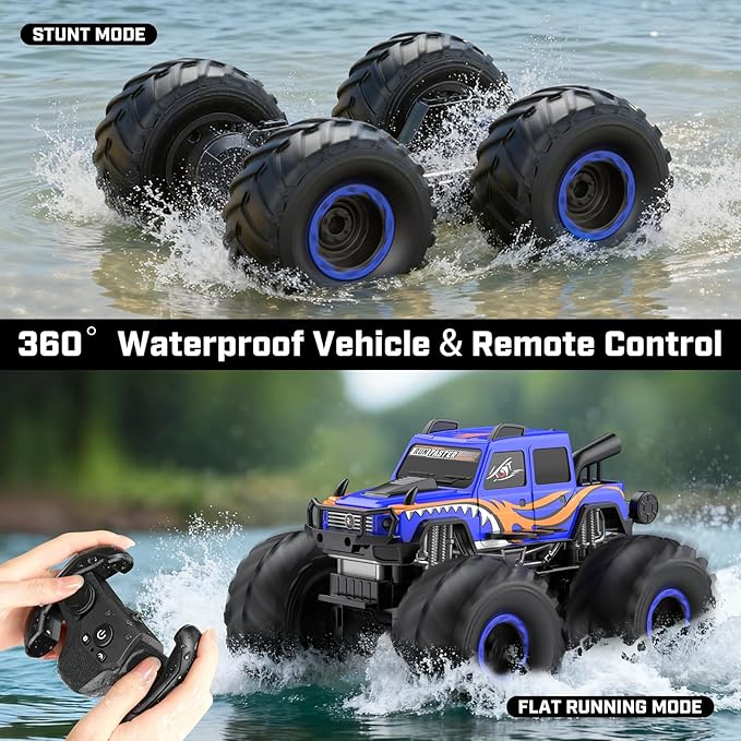 WayEee Remote Control Car Toys for Kids 6+ RC Car Waterproof Monster Truck Toys Amphibious 4X4 Pickup All Terrain Off-Road Vehicles 2.4GHz Remote Control 1/18 Scale RC Truck Boys Gifts/Blue