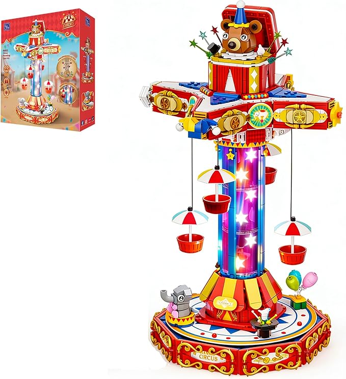 PANTASY Circus Paradrop Building Block Set Retro Carnival Display Model with LED Lights Motorized Moving Ride Colorful Star Columns Magic Box Teddy Bear Type-C Powered Interactive Adult Collector