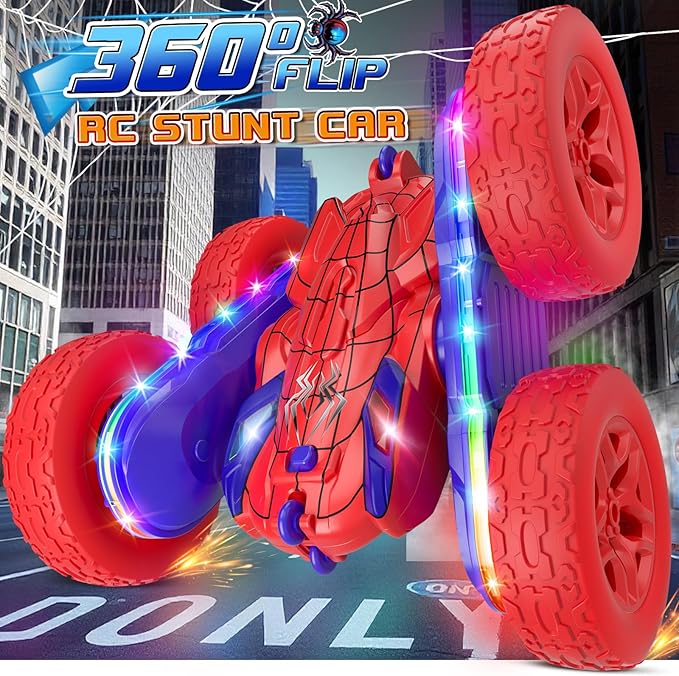 Spider RC Cars Toys for Boys 4-6 2.4GHz Remote Control Car with 26 LED Light System 360° Flips Changeable Wheels Rechargeable All-Terrain Truck Gift for Kids Ages 4-8
