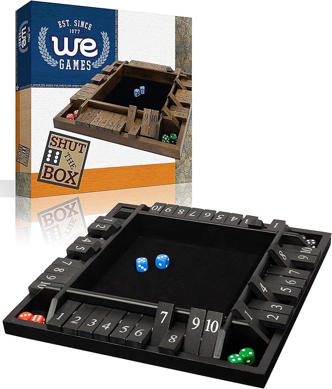 WE Games Wooden Shut The Box Game 4 Player - 10 Number Tiles &amp 8 Dice - Large 14-Inch Black Stained Wood Finish