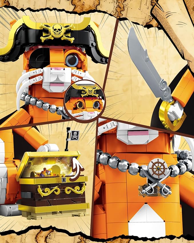 Pirate Captain Cat Building Set for Adults Compatible with Lego Set 1424PCS Orange Cat with Treasure Chest &amp Pirate Hat Adventure Collection Gifts for Animal Lovers