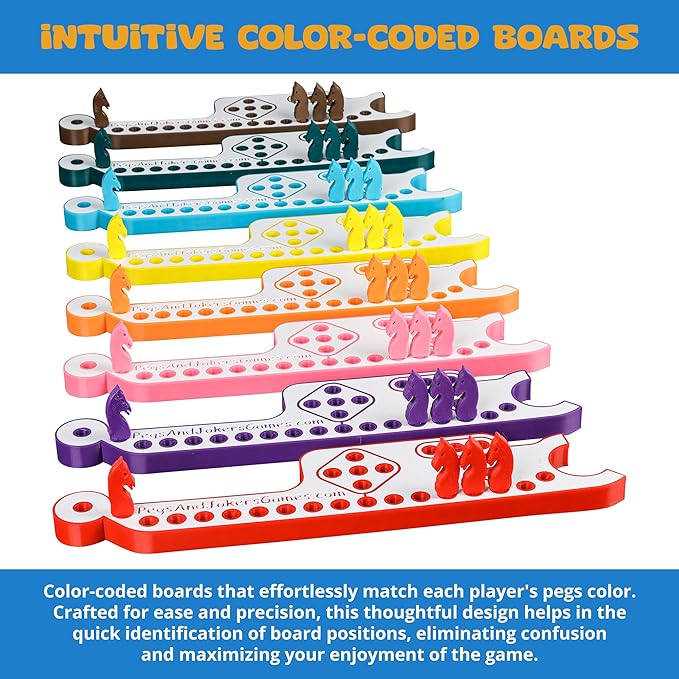 Pegs and Jokers Board Game - Strategic Fun Engaging and Portable - Play with Family and Friends - Easy to Learn - Travel-Friendly - with Horse-Head Peg and Deck of Cards 2-8 Players