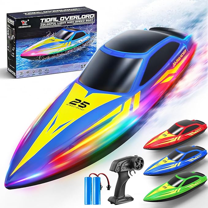 RC Boat with 7-Mode Colorful LED Lights10 Inch Remote Control Boat15KM/H High Speed2.4GHz3 Speed Modes2 Rechargeable BatteriesAuto Flip RecoveryPool &amp Lake Racing Gifts for Kids &amp Adult