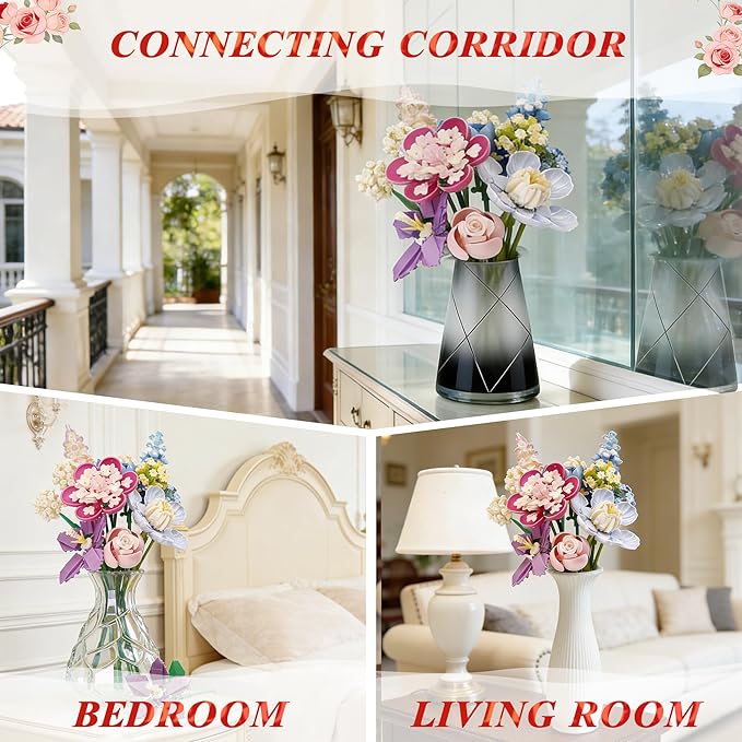 Flower Building Set for Adults.880-Piece Artificial Bouquet Set Compatible with Lego.DIY Floral Building Toy for Ages 8+.Romantic Flower Bricks Kit for Lover.Baby.Mother.Home Decor &amp Gift