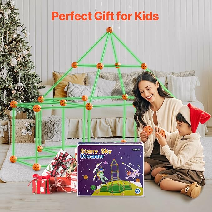 VEVOR Fort Building Kit for Kids 85PCS Glow in The Dark STEM Building Toys Educational Gift for 4 5 6 7 8+ Year Old Boys &amp Girls Indoor Outdoor Play Tent Construction Toys with 55 Rods and 30 B