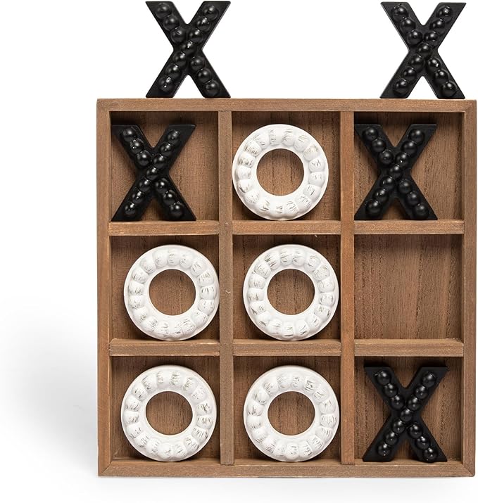 GENMOUS Wooden Tic Tac Toe Game Board for Seniors Family Indoor 10.6 Inch White Rustic Giant Tic Tac Toe Coffee Table Decor Tic Tac Toe Board Game Fun for Family Travel Outdoor Game Room Decor