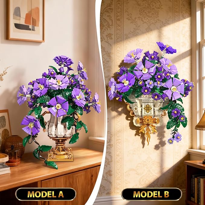 Flowers Botanicals Building Set with Vase - 2 in 1 Morning Glory Bonsai Building Blocks Plants Arrangement Vintage Wall Flower Pots Home Decor Gift for Easter Day Adults 12+ (1136PCS)