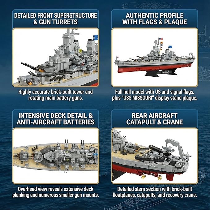 USS Missouri Battleship Building Blocks Set - Iowa-Class Warship Model 2228 Pieces 14+ Adult/Teen Building Toy 83cm Large Scale Replica with Display Stand for Collection &amp Decoration